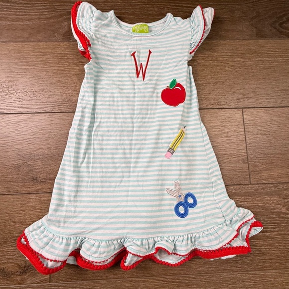 Classic Whimsy Girls Back to School Appliqué Dress "W", Striped, Preppy, Size 5 - Picture 1 of 10